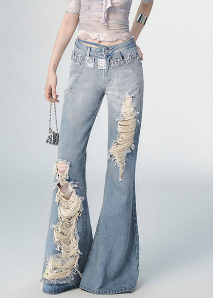 Boutique Blue High Waist Hole Flared Jeans Fall