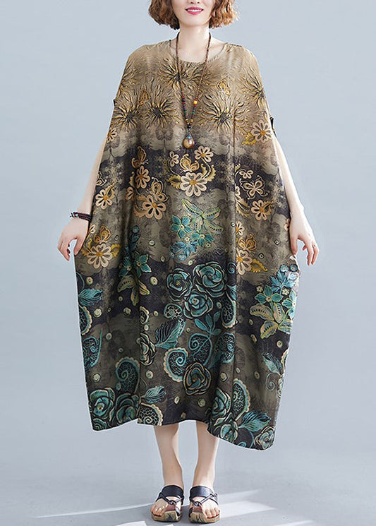 Apricot O-neck Print Silk Long Dress Batwing Sleeve