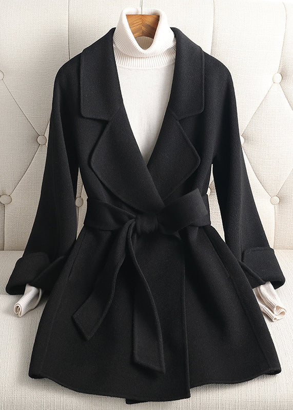 Black Notched Woolen Coats Fall