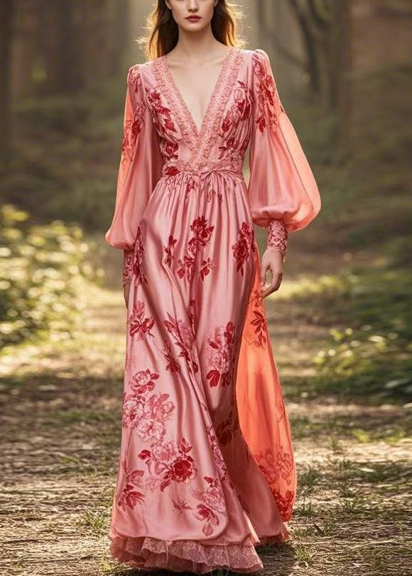 Stylish Pink V Neck Print Silk Dresses Lantern Sleeve Spring