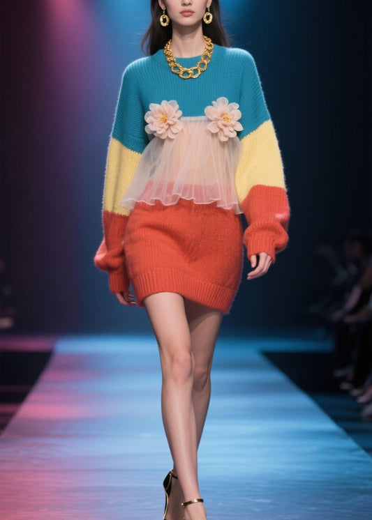 Loose Colorblock O Neck Tulle Knit Sweater Dress Winter