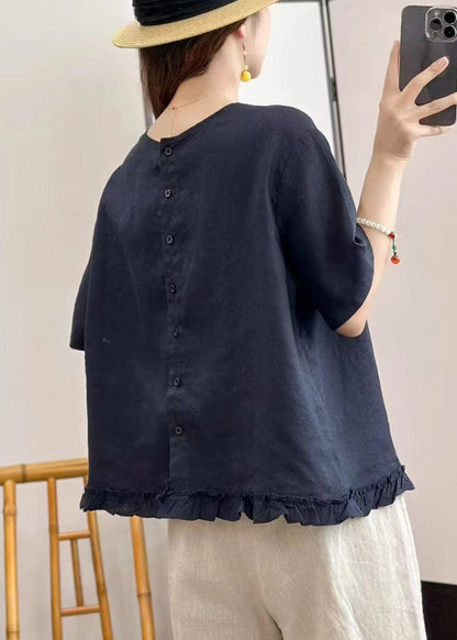 Navy Button Linen Blouse Tops O Neck Summer