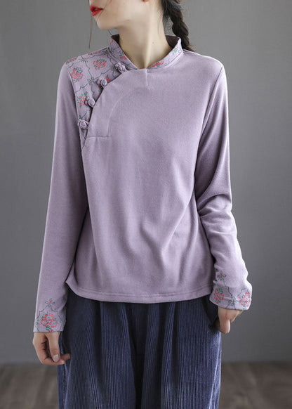 Modern Purple Embroideried Button Fall Cotton Top