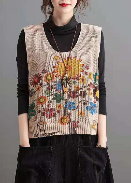 Apricot V Neck Print Low High Design Knit Waistcoat Fall