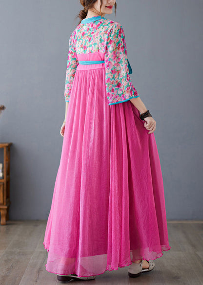Rose Print Lace Up Patchwork Chiffon Exra Large Hem Dress Summer
