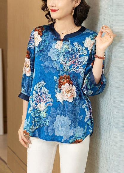 Blue O Neck Print Patchwork Silk Shirt Bracelet Sleeve