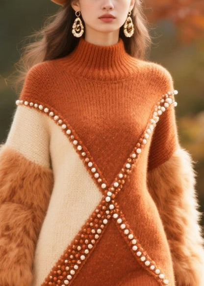 Brown Faux Fur Patchwork Nail Bead Knitwear Dress Winter
