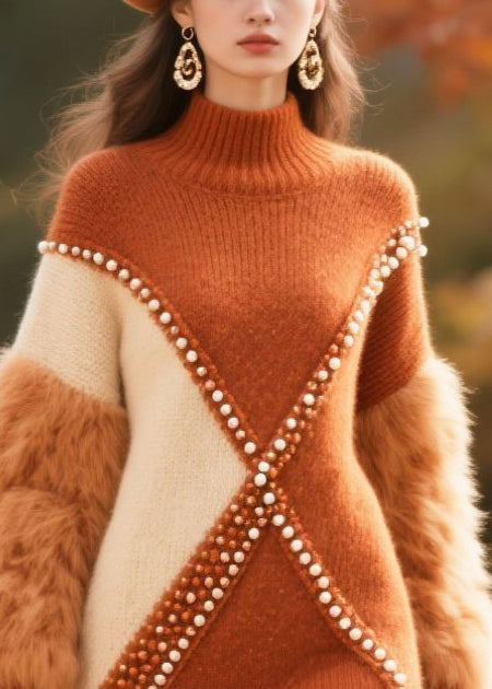 Brown Faux Fur Patchwork Nail Bead Knitwear Dress Winter