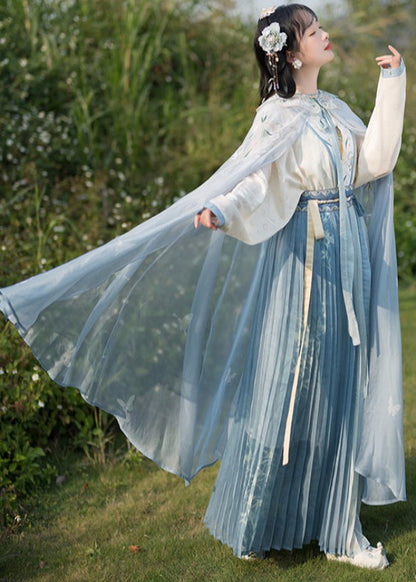 Chinese Style Beige Embroideried Tops and Blue Pleated Skirt Chiffon Two Pieces Set Fall
