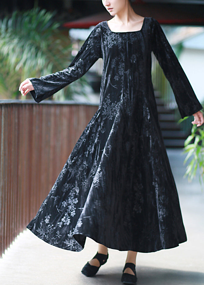 Black U Neck Print Velour Long Dresses Fall