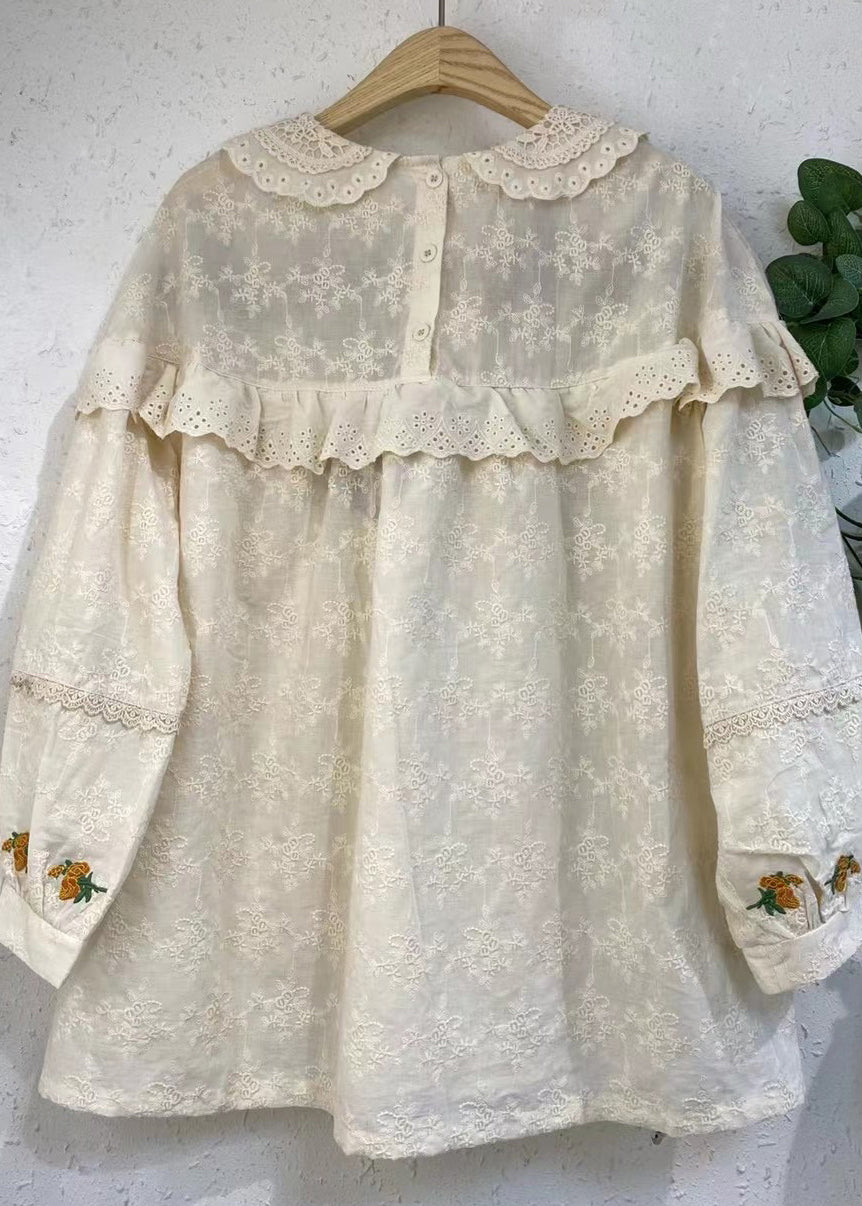 Beige Embroideried Ruffled Patchwork Cotton Shirt Long Sleeve