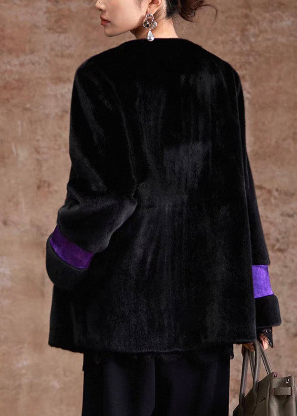 Black Pockets Print Leather and Fur Coat Winter
