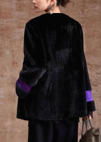 Black Pockets Print Leather and Fur Coat Winter