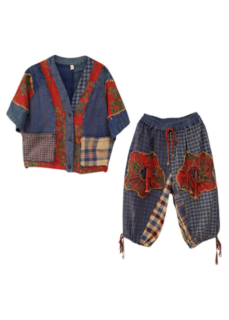 Boutique V Neck Print Patchwork Top and Wide Leg Two Pieces Set Fall