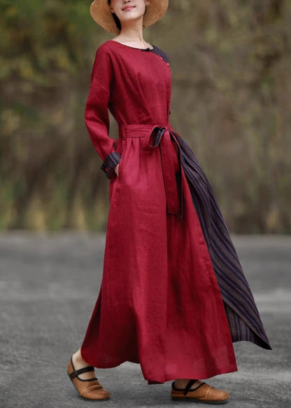 Red Pockets Tie Waist Patchwork Cotton Long Dresses Spring