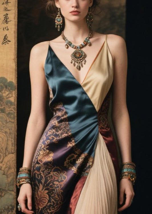 Colorblock Asymmetrical Patchwork Silk Spaghetti Strap Dress Summer