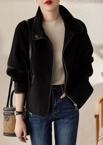 Grey Stand Collar Zippered Patchwork Woolen Coats Fall