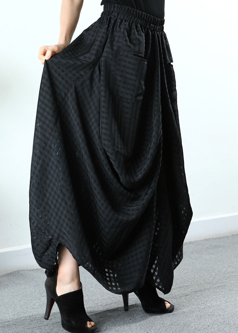 Simple Black Pockets Plaid Wide Half Skirt Spring