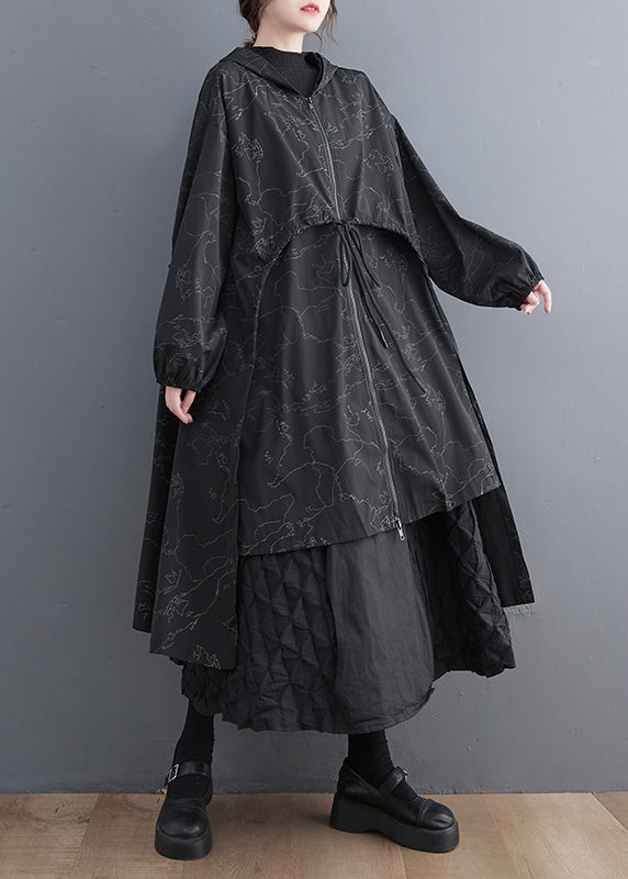 Vogue Black Asymmetrical Patchwork Print Zippered Tie Waist Hoodie Trench Coat Spring