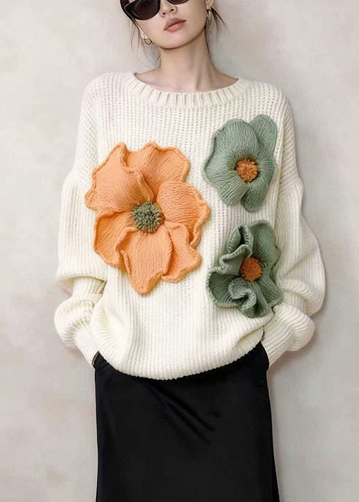 Stylish White Oversized Decorated Knitted Tops Winter