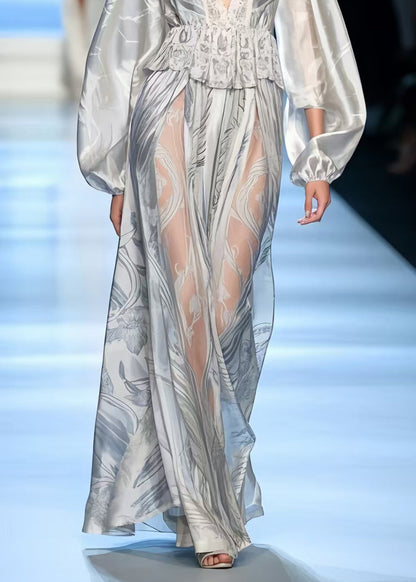 Boutique Grey Ruffled Print Silk Vacation Dresses Spring