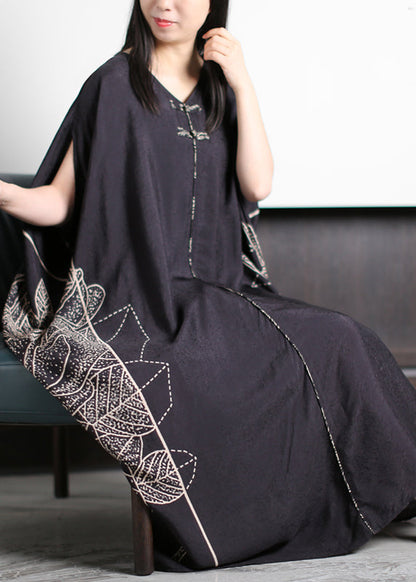 Unique Black O-neck Asymmetrical Patchwork Print Silk Vacation Dresses Half Sleeve