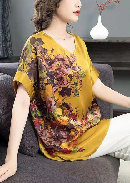 Yellow V Neck Print Patchwork Silk T Shirt Top Summer
