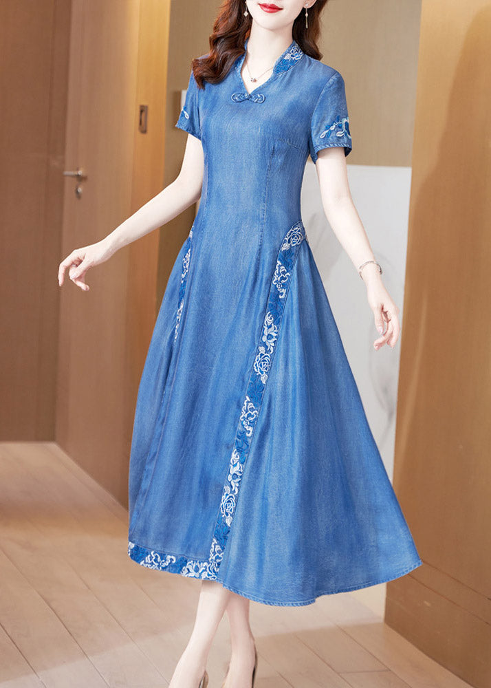 Blue Stand Collar Embroideried Butto Silk Denim Maxi Dresses Short Sleeve
