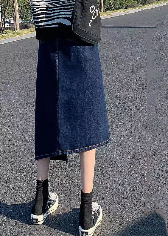 Navy Side Open Asymmetrical Pocket Cotton Denim Wraped Skirts Summer
