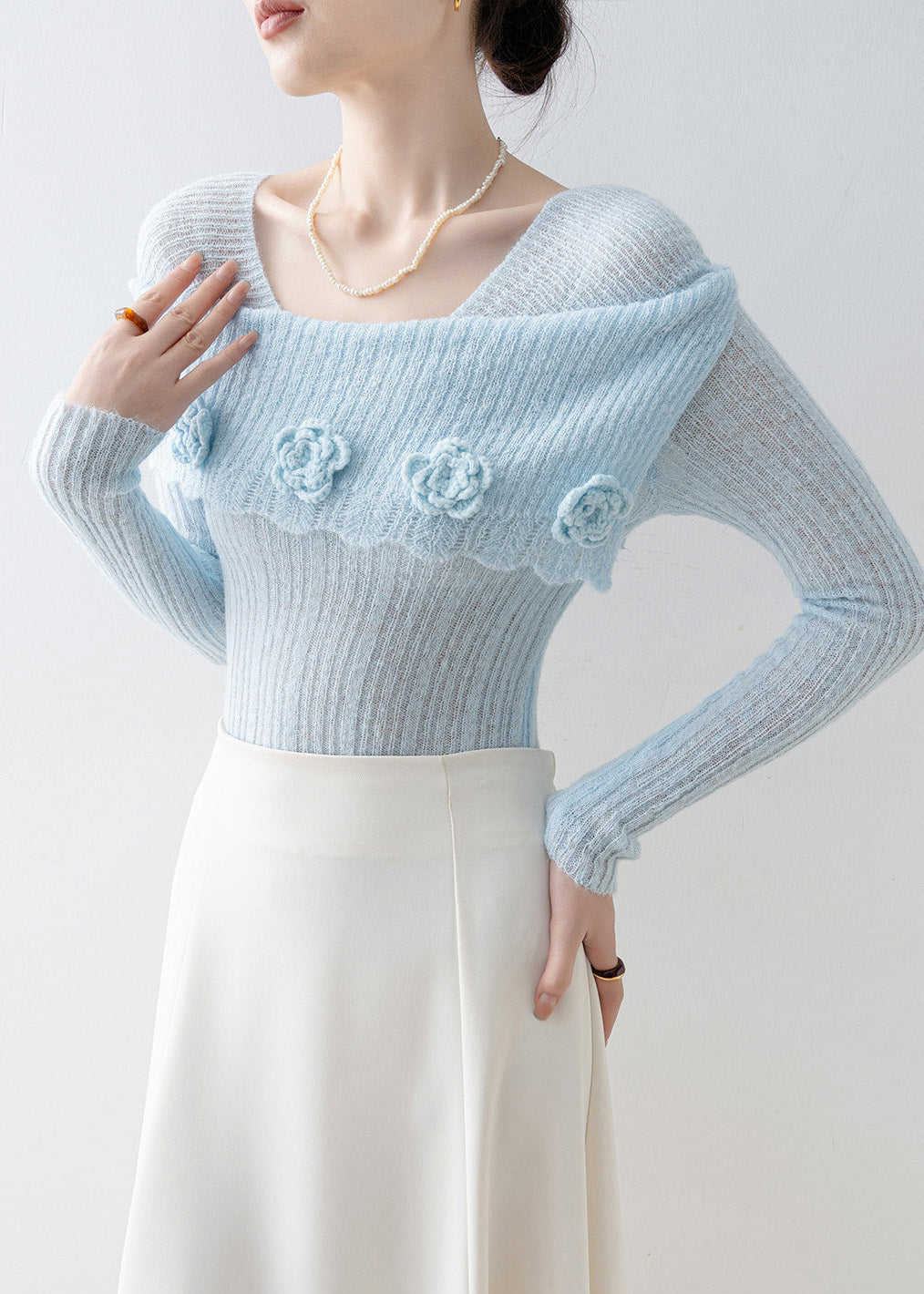 Art Blue Slash Neck Slim Fit Knitted Tops Spring