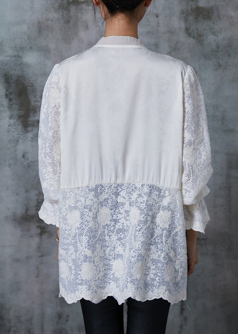 White Chinese Button Patchwork Lace Shirts Summer