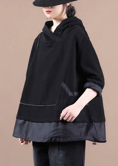 Black Striped Hooded Patchwork Warm Fleece Pullover Sweatshirt Winter