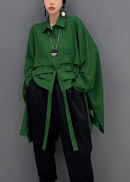 Green Peter Pan Collar Asymmetrical Low High Design Button Shirt Long Sleeve