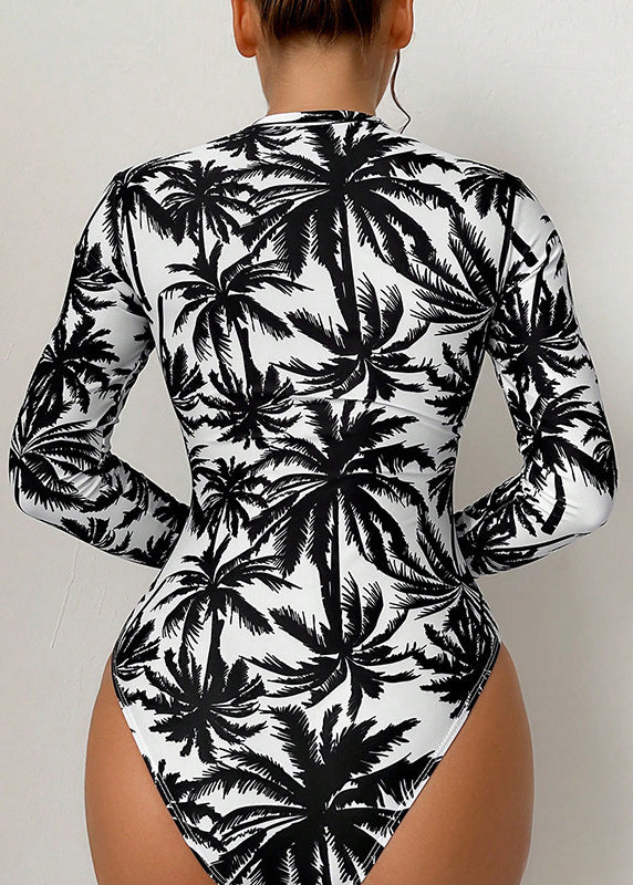 White Print Zippered Bodysuit Swimwear