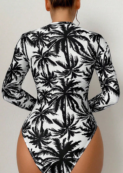 White Print Zippered Bodysuit Swimwear