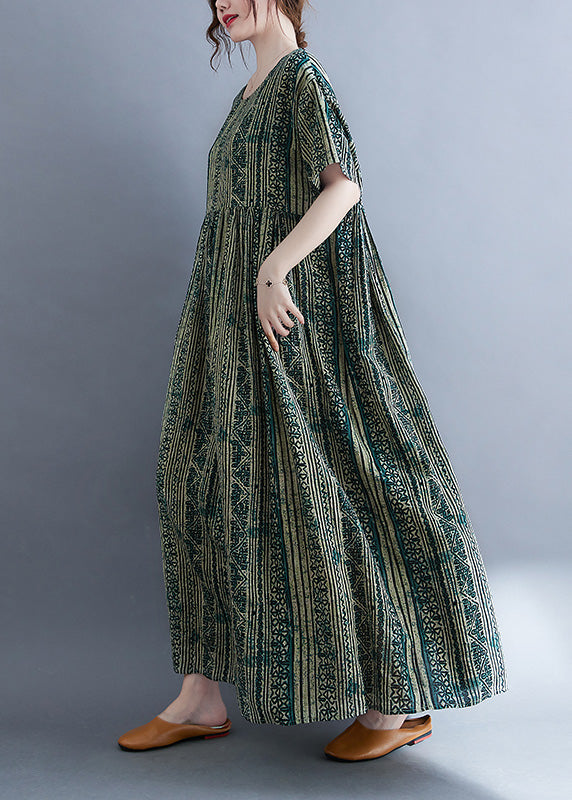Green O-neck Print Patchwork Maxi Dress Summer