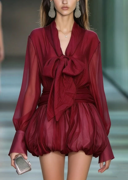 Red Lace Up Patchwork Chiffon Mini Dress Spring