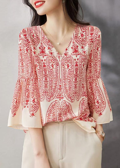 Classy Red V Neck Print Chiffon Blouse Tops Bracelet Sleeve