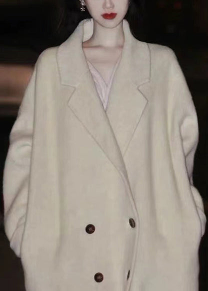 Apricot Peter Pan Collar Button Pockets Woolen Coats Long Sleeve
