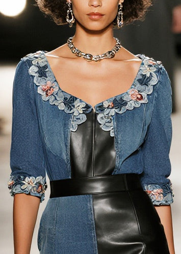 Boutique Denim Blue Asymmetrical Patchwork Faux Leather Flower Decorated Dress Summer