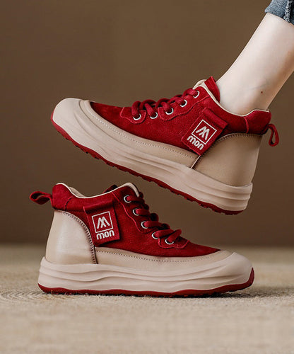 Red Platform Cowhide Leather Lace Up Splicing Flat Feet Shoes