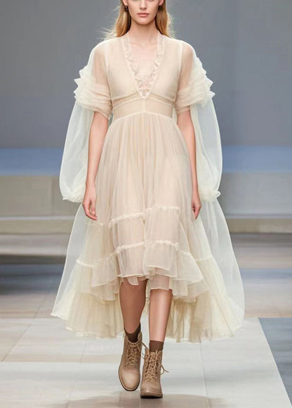 Apricot V Neck Exra Large Hem Silk Dress Cloak Sleeves