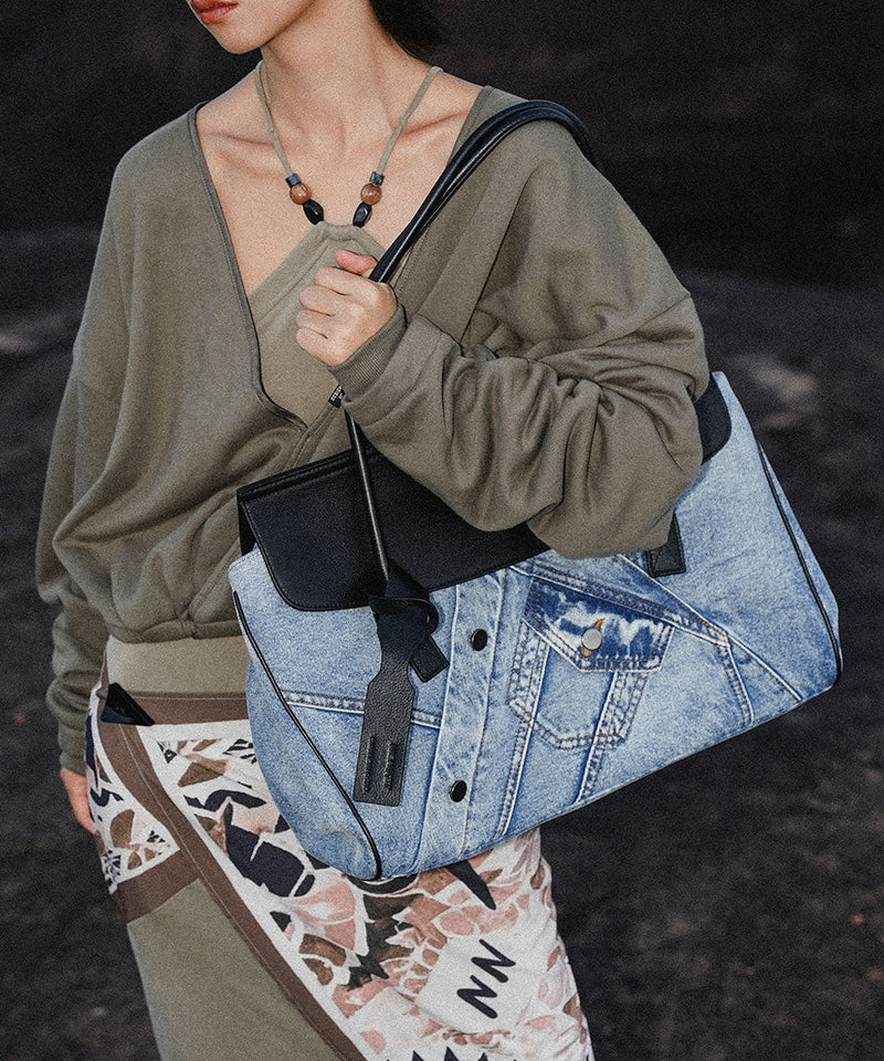 Denim Blue Patchwork Leather Large Capacity Shoulder Bags