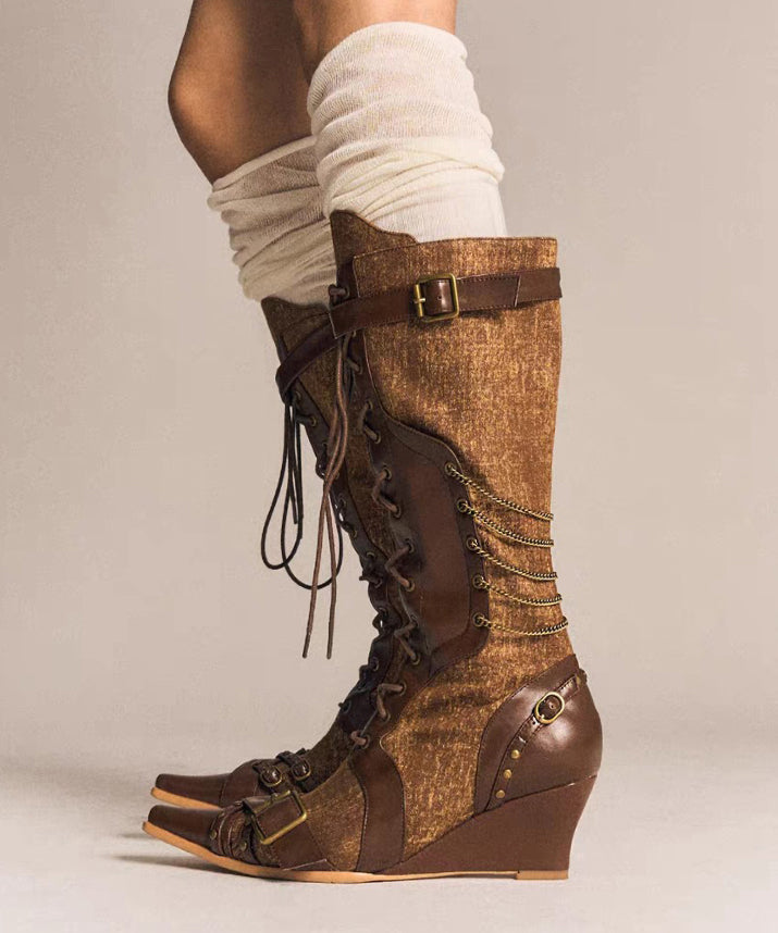 Denim Splicing Lace Up Wedge Boots Brown Cowhide Leather