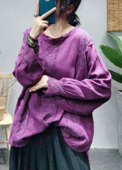 Handmade Purple O-neck Back Buckle Lace Patchwork Linen Top Long Sleeve