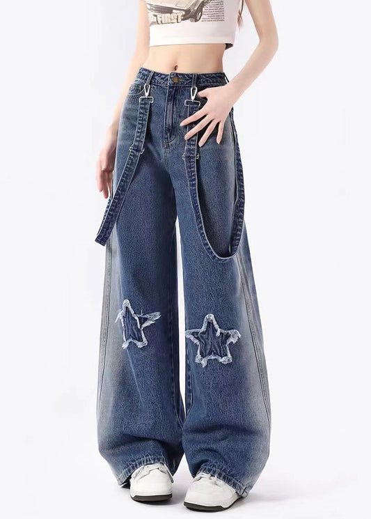 Blue Pockets Patch Denim Straight Pants Spring