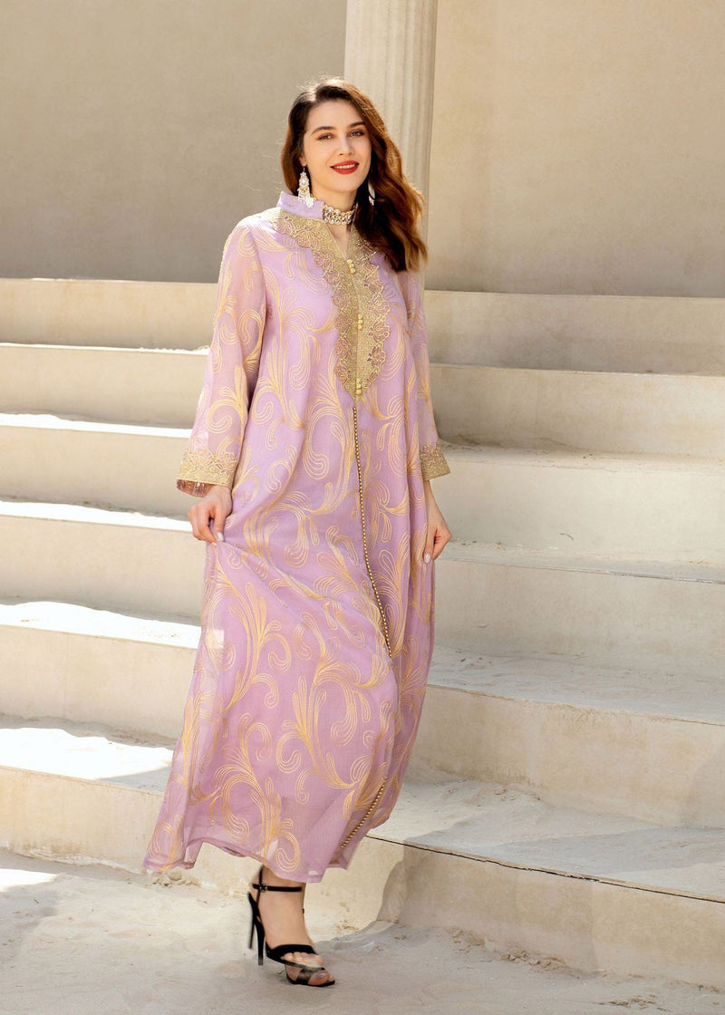 Light Purple Stand Collar Embroideried Tulle Long Dress Fall