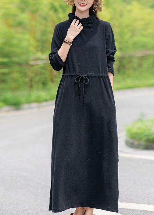 Diy Khaki Tunic Pattern High Neck Drawstring Spring Dresses