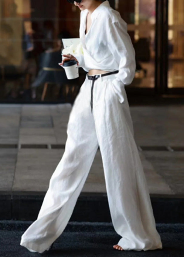 Natural White Peter Pan Collar High Waist Linen Shirts and Pants Two Pieces Set Long Sleeve