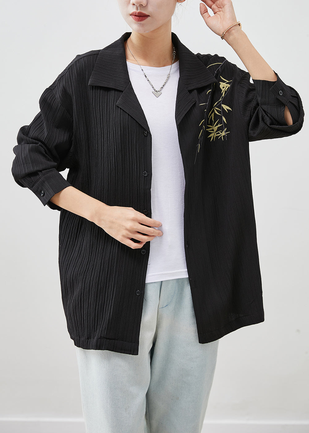 Modern Black Branch Embroideried Cotton Shirt Fall